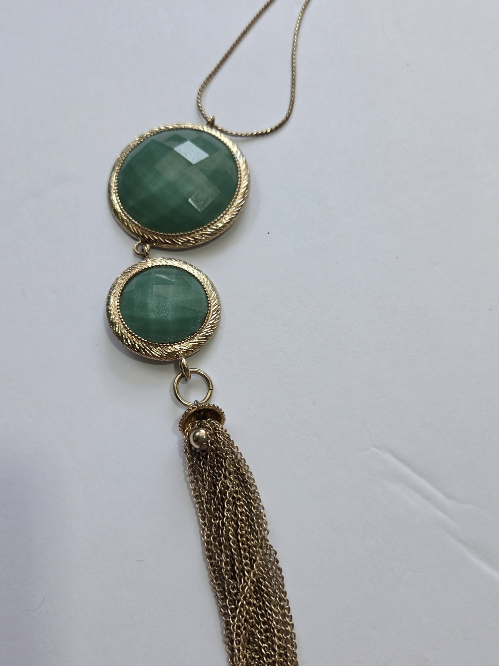 Gold Tassel Pendant Necklace with Green Stone